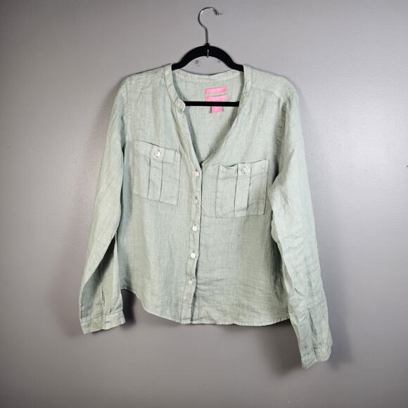 Isaac Mizrahi 100% LINEN Women's Large Button Down Shirt Sage Roll Tab Sleeve - Picture 1 of 6